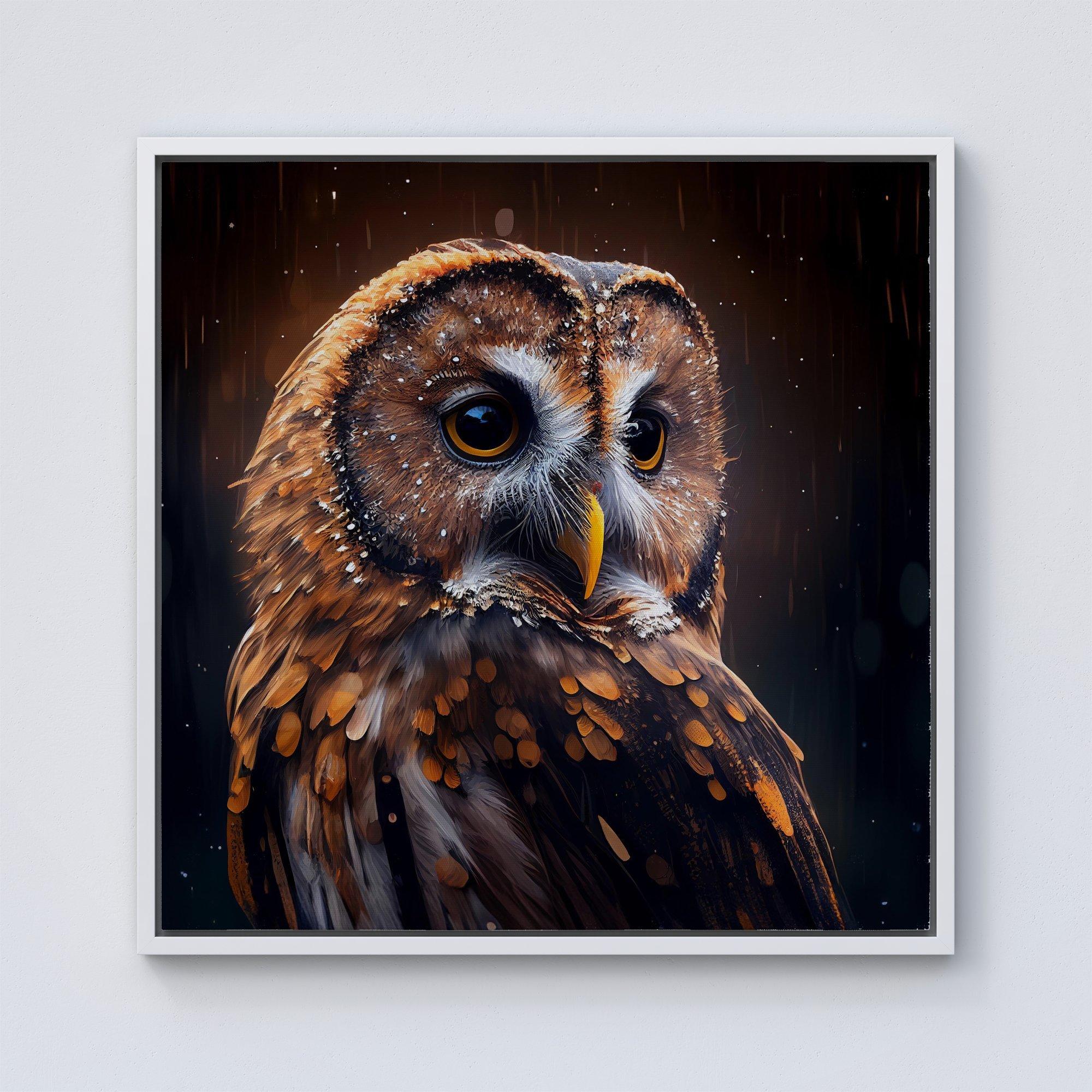Tawny Owl Face Splashart Dark Background Framed Canvas